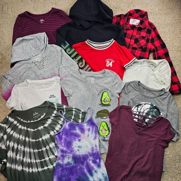 Justice Collection of Various Tops Flannel Hoodie T-Shirts Girls Size 8 - Picture 1 of 13